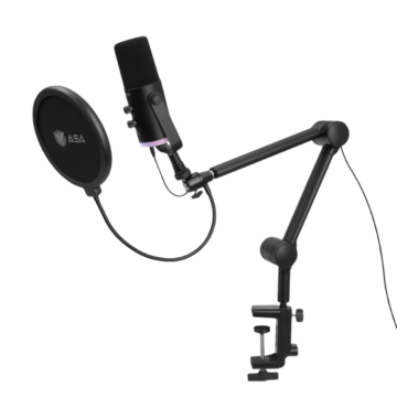 Condenser recording microphone for streaming and gaming, featuring an articulated boom arm, pop filter, ambient RGB lighting, and easy USB Plug & Play connectivity for PC and PlayStation