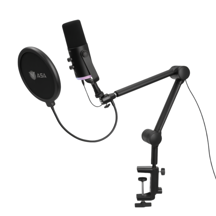 Condenser recording microphone for streaming and gaming, featuring an articulated boom arm, pop filter, ambient RGB lighting, and easy USB Plug & Play connectivity for PC and PlayStation
