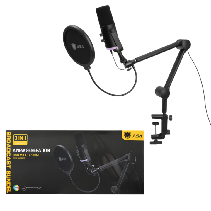Condenser recording microphone for streaming and gaming, featuring an articulated boom arm, pop filter, ambient RGB lighting, and easy USB Plug & Play connectivity for PC and PlayStation