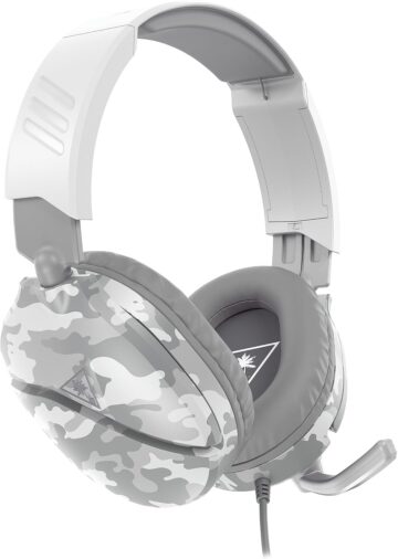 Turtle Beach Recon 70 gaming headset in white camouflage, compatible with Xbox Series X|S, Xbox One, PlayStation 5, PlayStation 4, Nintendo Switch, and PC