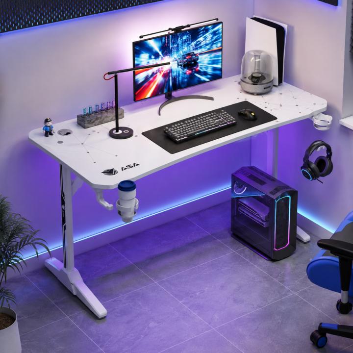 Jumbo-A1 Gaming Desk – Large Mouse Pad, Office & PC Workstation; suitable for office and gaming use; features a cup holder and headphone holder – White