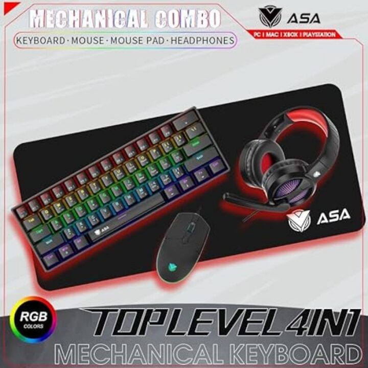 كيبورد ميكانيكي سلكي + ماوس + سماعة + ماوس باد - TOP LEVEL 4IN1 RGB ASA