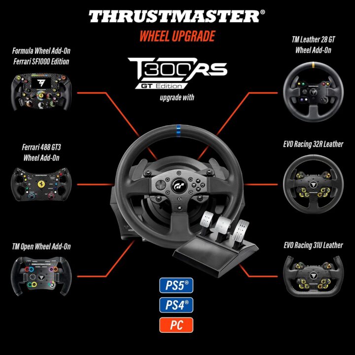 Thrustmaster T300 RS GT Racing Wheel for PlayStation 4 (USB, PS5 compatible) – Black, featuring powerful force feedback, gear shifters, and adjustable pedals