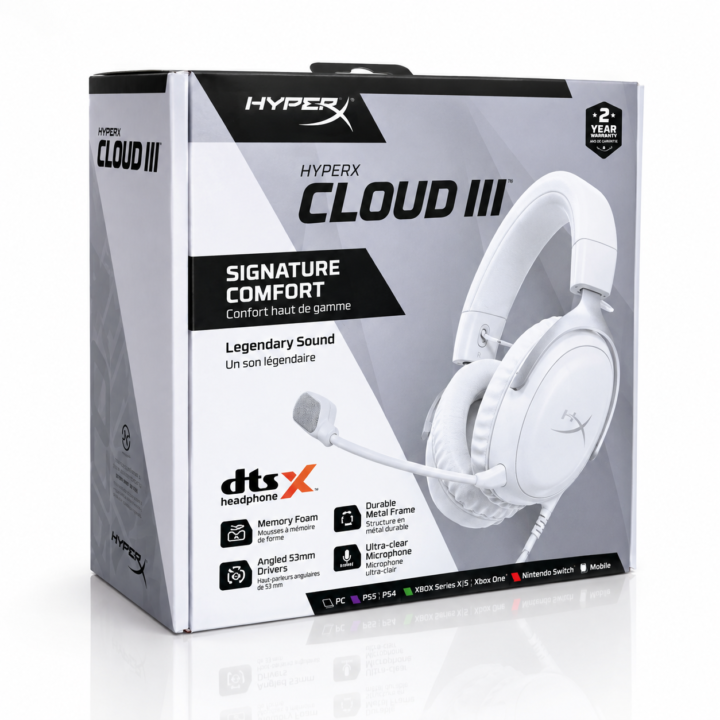HyperX Cloud III Wired Gaming Headset for PC, PS5, and Xbox Series X|S – 53mm Angled Drivers, DTS Technology, Memory Foam Ear Cushions, Durable Frame, Ultra-Clear 10mm Microphone, USB-C/USB-A/3.5mm Connectivity – White
