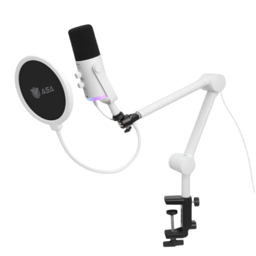 ميكروفون تسجيلي مكثف للبثوث وألعاب القمينق مع حامل ذراع مفصلي، فلتر تنقية الصوت Pop Filter، إضاءة RGB محيطية، وتوصيل USB سهل (Plug & Play) للكمبيوتر والبلایستيشن أبيض