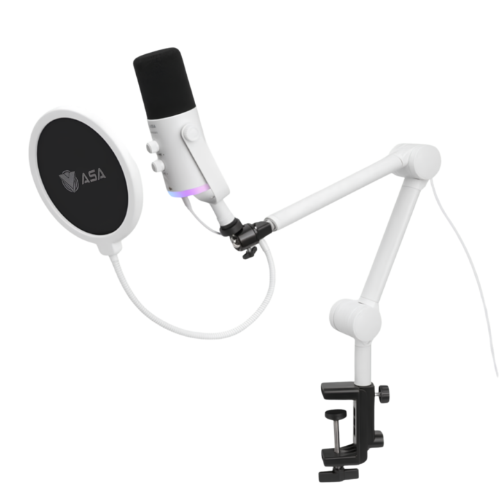 ميكروفون تسجيلي مكثف للبثوث وألعاب القمينق مع حامل ذراع مفصلي، فلتر تنقية الصوت Pop Filter، إضاءة RGB محيطية، وتوصيل USB سهل (Plug & Play) للكمبيوتر والبلایستيشن أبيض
