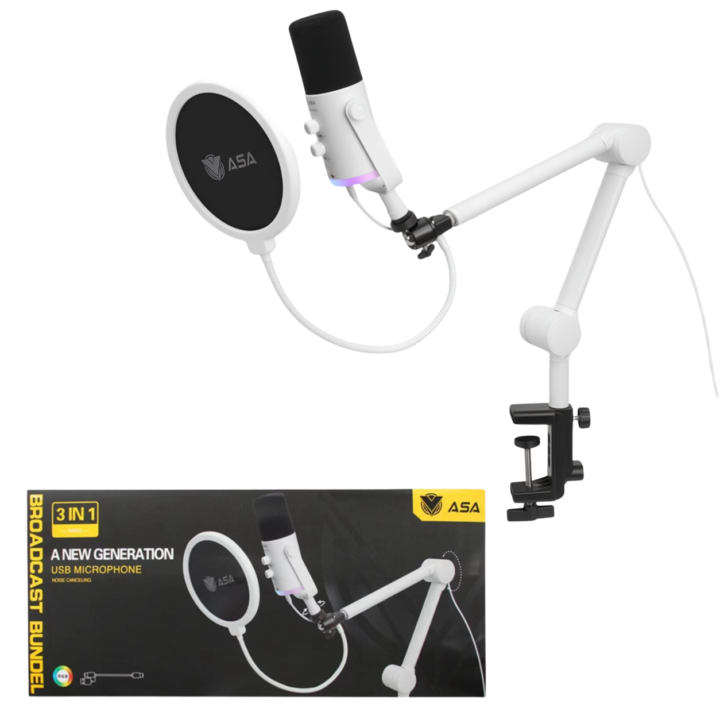 ميكروفون تسجيلي مكثف للبثوث وألعاب القمينق مع حامل ذراع مفصلي، فلتر تنقية الصوت Pop Filter، إضاءة RGB محيطية، وتوصيل USB سهل (Plug & Play) للكمبيوتر والبلایستيشن أبيض