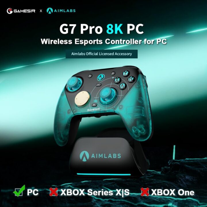 يد تحكم من جيم سير موديل G7 برو 8K ايملابز للكمبيوتر، لاسلكية، متوافقة مع PC وويندوز، مع TMR جويستيك وموقفات زناد ومنفذ سماعة، سيان