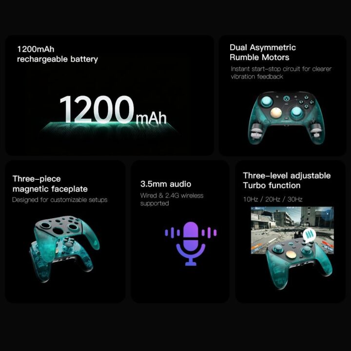 يد تحكم من جيم سير موديل G7 برو 8K ايملابز للكمبيوتر، لاسلكية، متوافقة مع PC وويندوز، مع TMR جويستيك وموقفات زناد ومنفذ سماعة، سيان