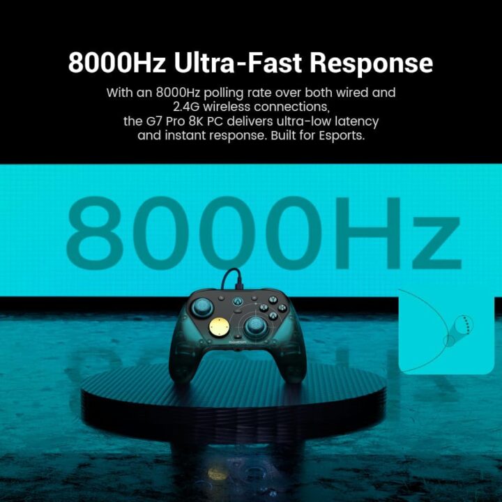 يد تحكم من جيم سير موديل G7 برو 8K ايملابز للكمبيوتر، لاسلكية، متوافقة مع PC وويندوز، مع TMR جويستيك وموقفات زناد ومنفذ سماعة، سيان
