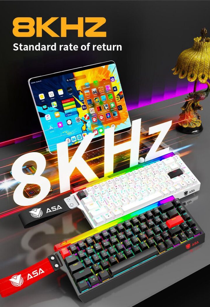 A gaming keyboard with magnetic axis technology and a fast trigger function for competitive PC gaming. Mechanical switches with ultra-low travel allow for faster input and improved response time during gameplay. Full RGB backlighting with dynamic lighting effects and an aluminum alloy keypad for durability. USB-C connection with USB power supply and a QWERTY layout with 104 keys. Compact design measuring 39.79 x 24.2 x 8.8 cm and weighing 1.12 kg, suitable for gaming desk setups.