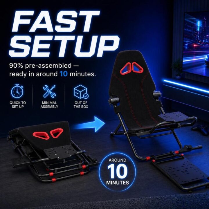 كرسي محاكاة سباقات السيارات القابل للطي مع حامل عجلة القيادة والدواسات، مقعد سباقات رياضي مع حامل دواسات وناقل حركة لون اسود
