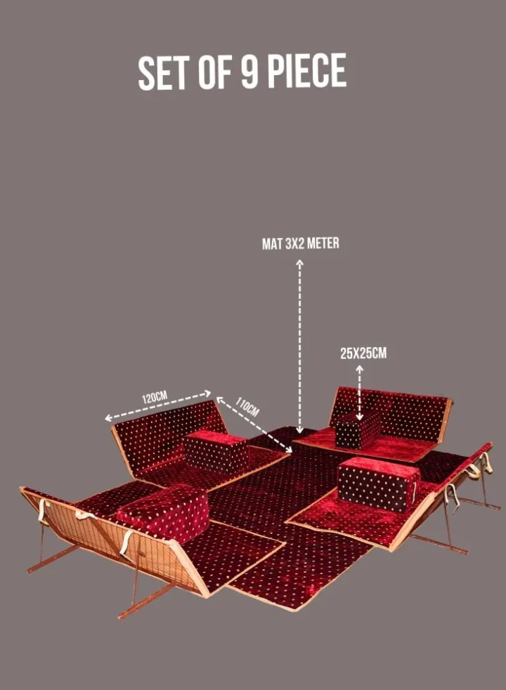 A 9-piece traditional floor seating set—high-quality, easy to set up and store—suitable for camping trips, family outings, and gardens.
