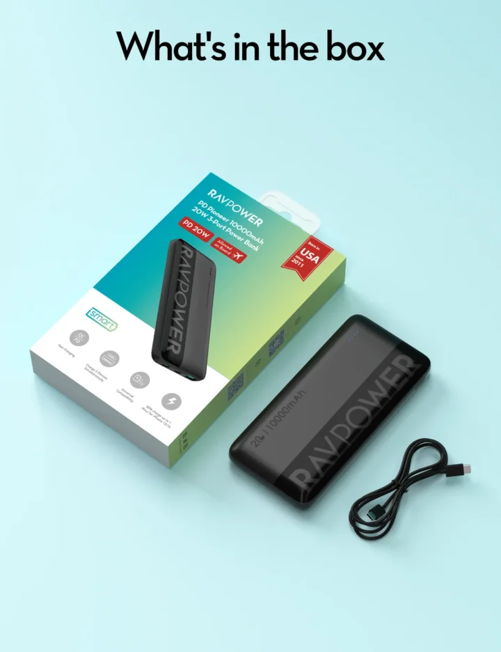 بنك طاقة RAVPower RP-PB1228 PD Pioneer بسعة 10000 مللي أمبير في الساعة وقوة 20 واط - لون أسود