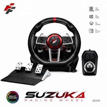 عجلة قيادة العاب Flasfire Suzuka Wheel 900R، دواسات القابض، ناقل حركة يدوي، حساس توجيه بتقنية هول، دوران قابل للتعديل ES900R متوافق مع منصات متعددة PS3/PS4/XBOX/S/X Nintendo Switch