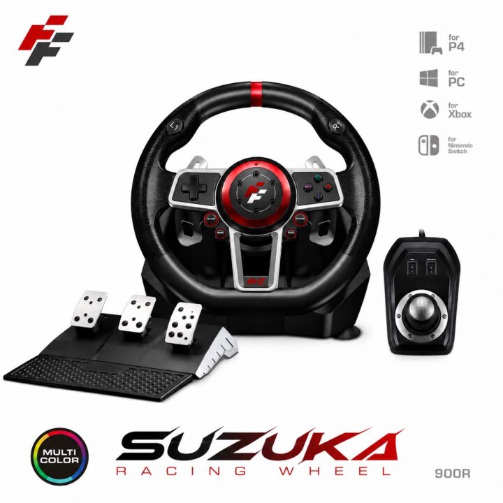 عجلة قيادة العاب Flasfire Suzuka Wheel 900R، دواسات القابض، ناقل حركة يدوي، حساس توجيه بتقنية هول، دوران قابل للتعديل ES900R متوافق مع منصات متعددة PS3/PS4/XBOX/S/X Nintendo Switch
