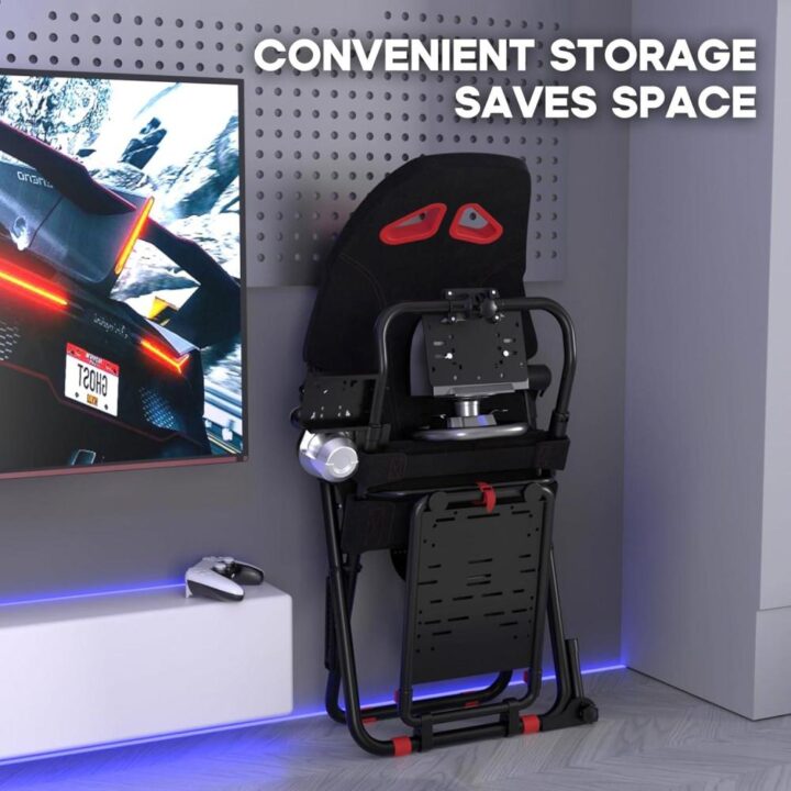 كرسي محاكاة سباقات السيارات القابل للطي مع حامل عجلة القيادة والدواسات، مقعد سباقات رياضي مع حامل دواسات وناقل حركة لون احمر