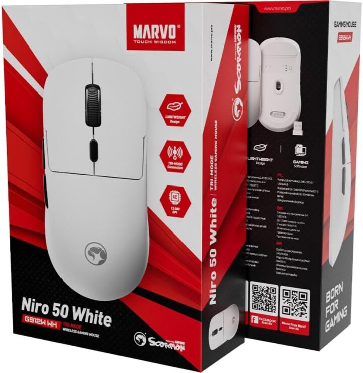 مارفو نيرو 50 | G912W - ماوس ألعاب لاسلكي - ابيض / اتصال ثلاثي الأوضاع / مستشعر بصري دقيق / 6 مستويات DPI تصل إلى 12000 / مفاتيح ميكانيكية متينة / عمر بطارية طويل / G912W-BK / G912W-BK