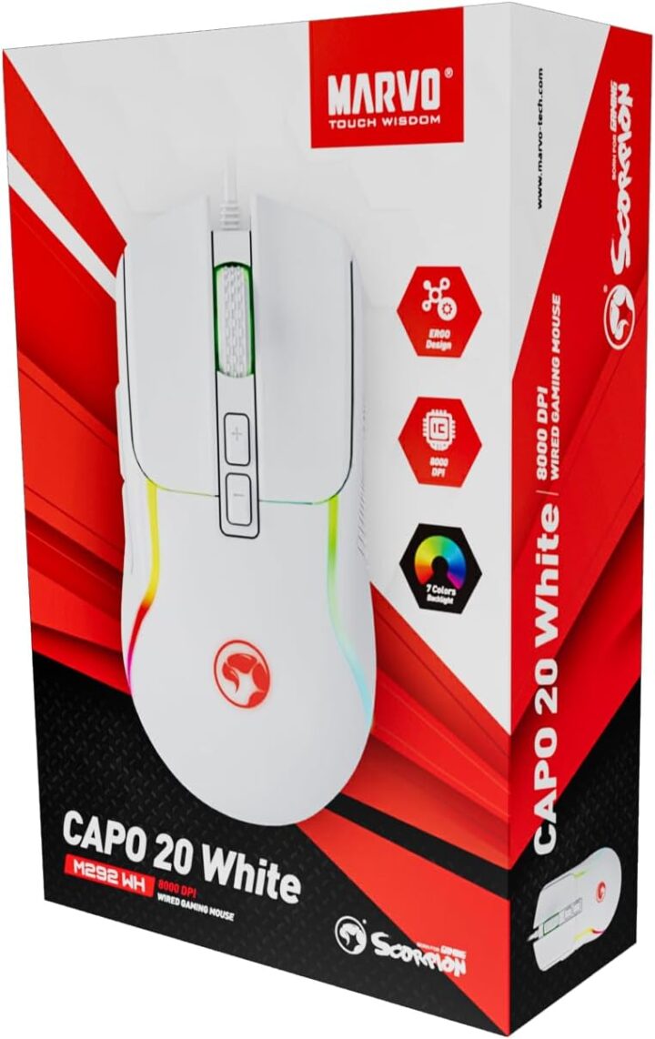 ماوس الألعاب السلكي مارفو M292 WH CAPO 20 ابيض 8000 نقطة في البوصة 6 مستويات لضبط الدقة سطح مانع للانزلاق كابل مضفر متين
