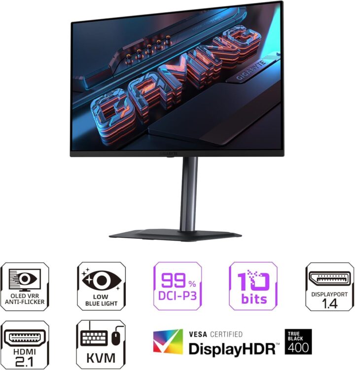 شاشة العاب GIGABYTE MO27Q2A، مقاس 27 بوصة بتقنية QD-OLED، بدقة QHD، ومعدل تحديث 280 هرتز، ووقت استجابة 0.03 مللي ثانية، وتقنية AMD FreeSync Premium Pro وNVIDIA G-Sync | MO27Q2A