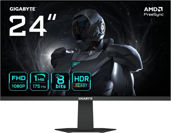 شاشة ألعاب جيجابايت GS24F14A، شاشة IPS مقاس 24 بوصة، دقة FHD، معدل تحديث 175 هرتز قابل للكسر، زمن استجابة 1 مللي ثانية (MPRT)، تقنية AMD FreeSync، أسود | GS24F14A-EK