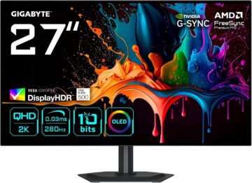 شاشة ألعاب جيجابايت MO27Q28G، شاشة WOLED مقاس 27 بوصة، دقة QHD، معدل تحديث 280 هرتز، زمن استجابة 0.03 مللي ثانية (GtG)، تقنية NVIDIA G-Sync، أسود | MO27Q28G