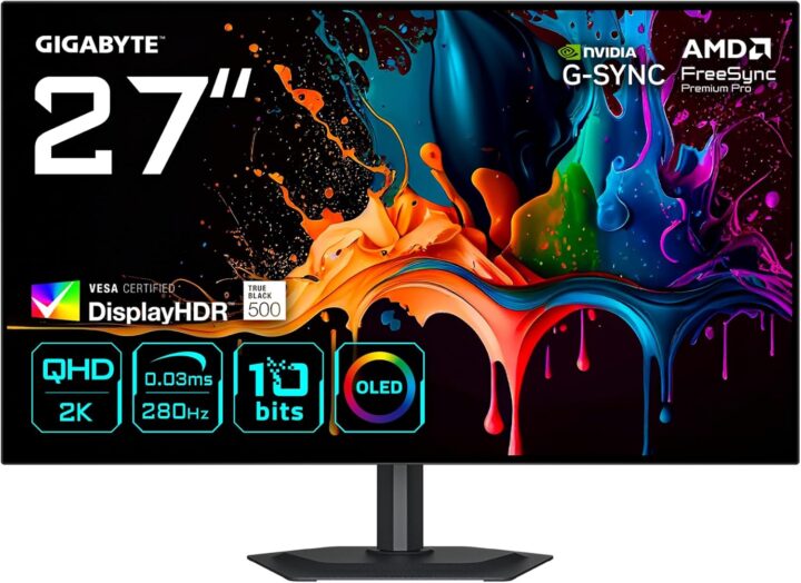 شاشة ألعاب جيجابايت MO27Q28G، شاشة WOLED مقاس 27 بوصة، دقة QHD، معدل تحديث 280 هرتز، زمن استجابة 0.03 مللي ثانية (GtG)، تقنية NVIDIA G-Sync، أسود | MO27Q28G