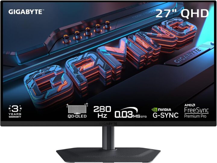 شاشة العاب GIGABYTE MO27Q2A، مقاس 27 بوصة بتقنية QD-OLED، بدقة QHD، ومعدل تحديث 280 هرتز، ووقت استجابة 0.03 مللي ثانية، وتقنية AMD FreeSync Premium Pro وNVIDIA G-Sync | MO27Q2A