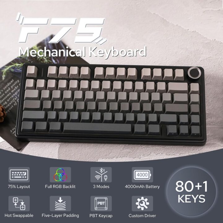 كيبورد أولا بتقنية بلوتوث موديل F75 برو مع إضاءة RGB و مفاتيح قابلة للبرمجة، لون رمادي متوافق مع اللابتوب باللغة الإنجليزية