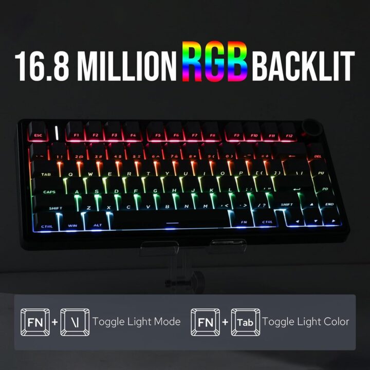 كيبورد أولا بتقنية بلوتوث موديل F75 برو مع إضاءة RGB و مفاتيح قابلة للبرمجة، لون رمادي متوافق مع اللابتوب باللغة الإنجليزية