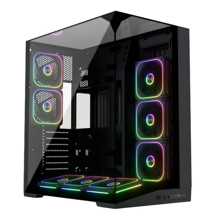 صندوق كمبيوتر للألعاب ATX متوسطة الحجم مع لوحة جانبية من الزجاج المقسى وثلاثة منافذ Type-C للاتصال الخلفي، مصنوعة من SPCC، متاحة بتصميم حسب الطلب