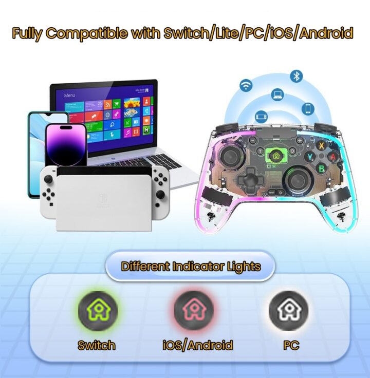 wireless game controller with RGB lights and remappable back buttons for Switch/Lite/Android/iOS/PC