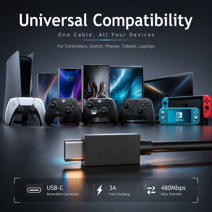 كابل شحن سريع 1.5 متر لجهاز PS5، كابل بيانات USB-C إلى C لجهاز PS5/بلاي ستيشن/ اكس بوكس