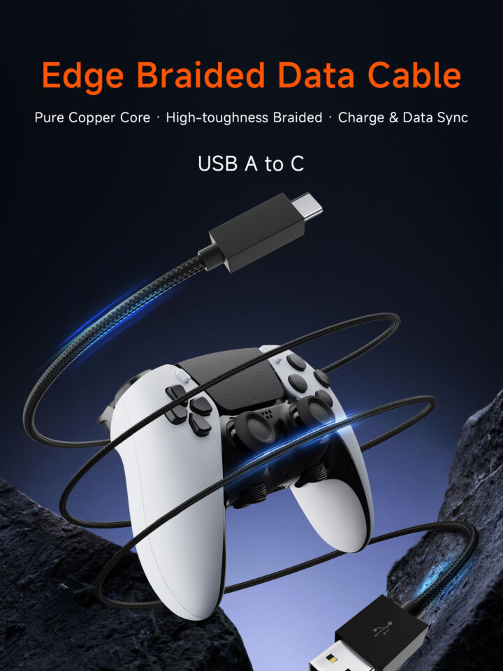 كابل شحن ونقل بيانات مضفر USB-A إلى USB-C مقاس 2.8 متر لأيدي التحكم بلاي ستيشن/اكس بوكس