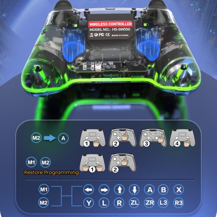 wireless game controller with RGB lights and remappable back buttons for Switch/Lite/Android/iOS/PC